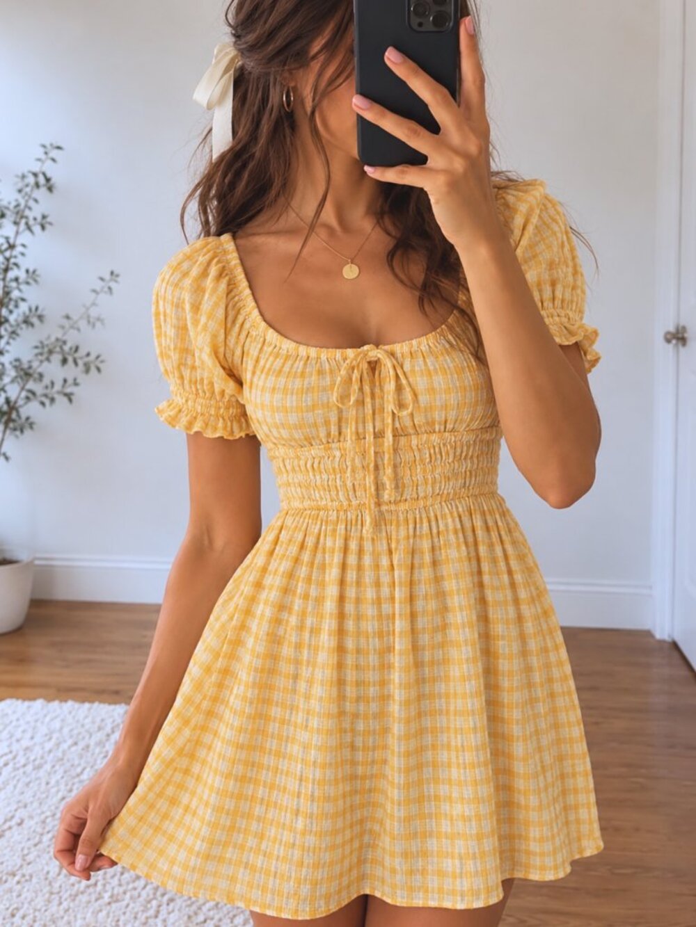 Urban Outfitters Yellow Gingham Puff-Sleeve Dress